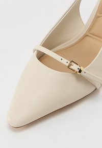 Spiss tå beige lærskof med tynn stropp og gullspenne detalj. Glatt tekstur, minimalistisk design, egnet for formelt antrekk.