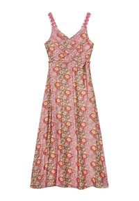 Vestido maxi de patrón floral con escote en V, tirantes finos y cintura ajustada. Los colores incluyen rosa, marrón y rojo con diseños intrincados.