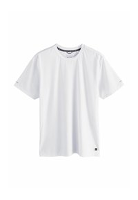 White short-sleeve T-shirt made from lightweight fabric, featuring a round neck, subtle texture, and a small logo on the lower side.