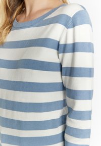 Maglione a righe con strisce orizzontali blu e bianche. Realizzato in tessuto morbido, presenta un collo a giro e maniche aderenti.