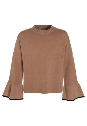Brauner Strickpullover mit ausgestellten Ärmeln und schwarzer Einfassung an den Bündchen, mit geripptem Rundhalsausschnitt und geradem Saum.
