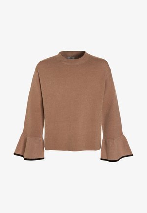 Brauner Strickpullover mit ausgestellten Ärmeln und schwarzer Einfassung an den Bündchen, mit geripptem Rundhalsausschnitt und geradem Saum.