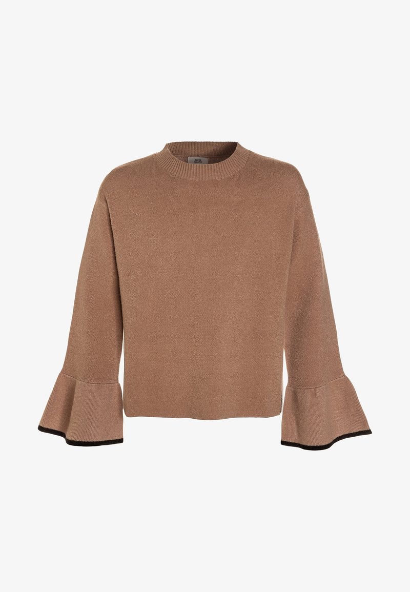Pull en maille marron avec manches évasées et bordure noire aux poignets, avec un col rond côtelé et un ourlet droit.