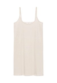 Svetle béžové šaty bez rukávů s tenkými ramínky, kulatým výstřihem a rovnou siluetou. Vyrobené z hladké, měkké látky. Minimalistický design.