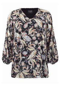 Schwarze Bluse mit V-Ausschnitt, Ballonärmeln und einem floralen Paisleymuster in Gold, Pink und Blau. Hergestellt aus glattem, leichtem Stoff.