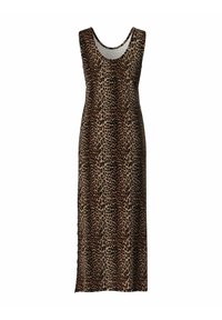 Maxiklänning i leopardmönster med ärmlös design, ljusbrun och svart i mönstret, mjukt tyg och rundad halsringning.