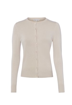 Cardigan beige en maille à manches longues avec encolure ronde et fermeture à boutons sur le devant, ourlets et poignets côtelés.