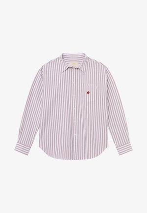 Pasiasta koszula z guzikami w jasnoróżowym i białym kolorze. Posiada długie rękawy, kieszeń na piersi oraz haft z wiśnią. Miękka tkanina.