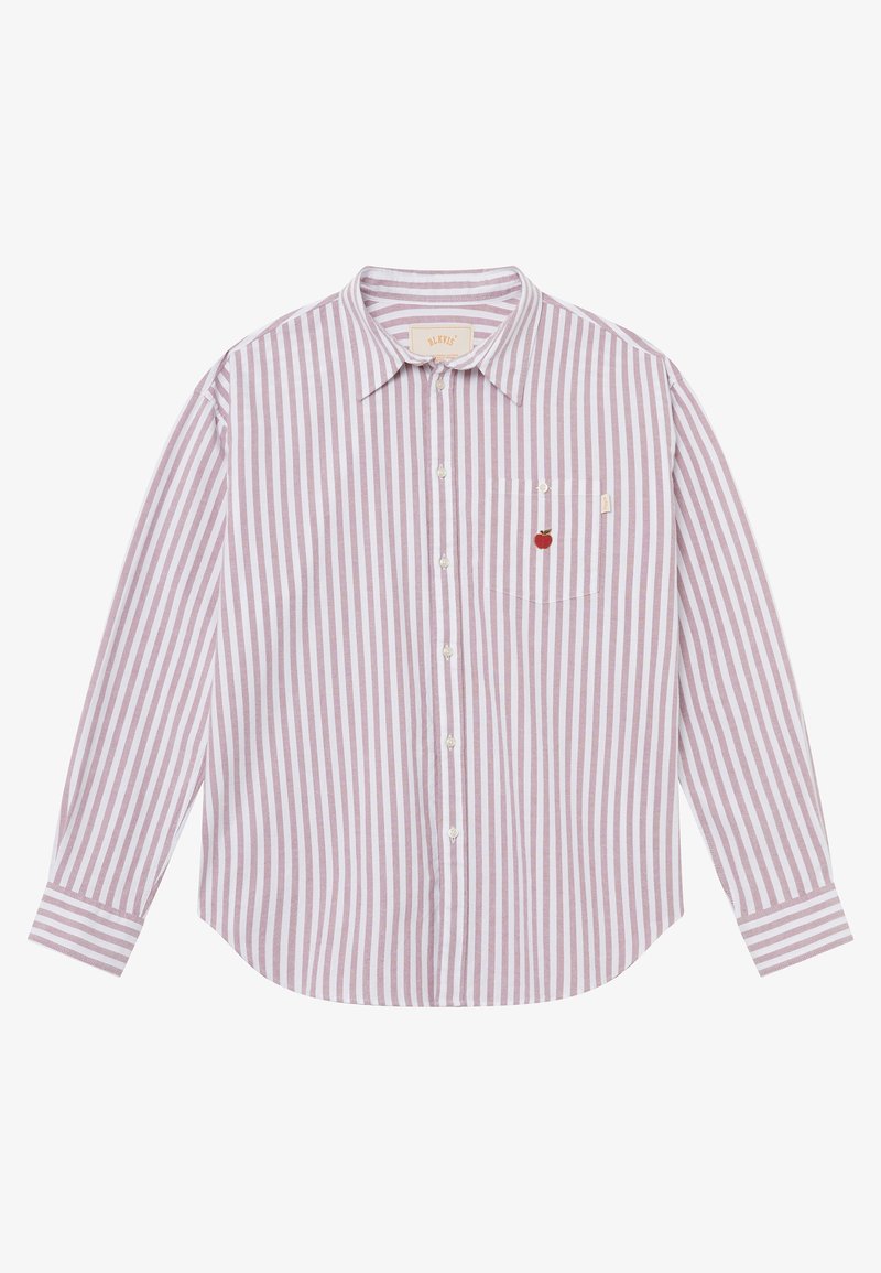 Camisa de botones a rayas en rosa claro y blanco. Cuenta con mangas largas, un bolsillo en el pecho y un detalle de bordado de cereza. Tejido suave.