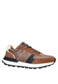 Brown sneakers with a mix of suede and smooth leather. Features black accents, textured laces, and a white midsole. Notable logo detail on the side.