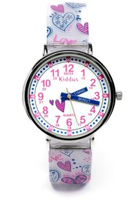 Montre à quartz avec boîtier rond en acier inoxydable, cadran blanc, index des heures roses et bracelet transparent aux motifs de cœurs colorés.