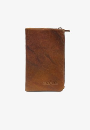 Brown leather pouch with a textured surface, featuring a zip closure and embossed brand logo at the bottom right corner.