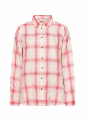 Langärmliges Hemd mit Knöpfen in hellrosa und rotem Karomuster und spitzem Kragen, auf weißem Hintergrund dargestellt.
