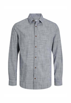 Camicia grigia con bottoni, caratterizzata da un motivo a check texture. Presenta un colletto, maniche lunghe e bottoni marroni lungo la parte anteriore.