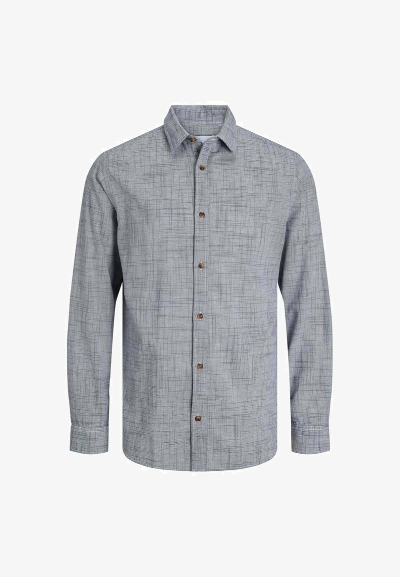 Camicia grigia con bottoni, caratterizzata da un motivo a check texture. Presenta un colletto, maniche lunghe e bottoni marroni lungo la parte anteriore.