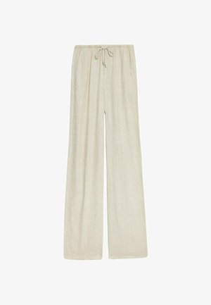 Pantalones de lino anchos en color beige claro con cintura elástica y cordón. Presenta dos bolsillos laterales y una tela suave y texturizada.