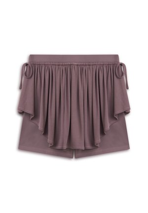 Eng anliegende mauvefarbene Shorts mit einem geschichteten Rüschendesign an der Taille, die beidseitig verstellbare Bänder und einen glatten Stofftextur aufweisen.
