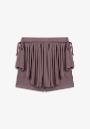 Fitted mauve shorts with a layered ruffle design at the waist, featuring adjustable ties on each side and a smooth fabric texture.