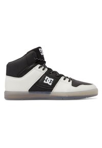 High-top sneakers featuring a black and white color scheme, leather and synthetic materials, textured accents, and a transparent sole.