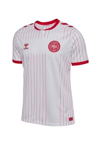 White soccer jersey with thin red vertical stripes, red collar and cuffs, Danish Football Union logo, and Hummel brand logo on the chest.