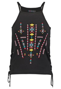 Mustaton hihaton paita, jossa on värikästä geometrista brodeerausta keskikohdassa. Paidassa on sivuside, jossa on reiät, jolloin istuvuutta voi säätää.