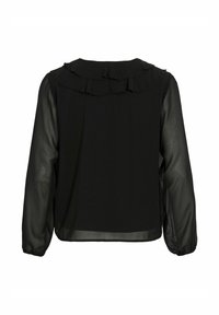 Blusa nera con maniche lunghe trasparenti, scollatura arricciata e vestibilità comoda. La schiena presenta una texture liscia e una sottile lucentezza.