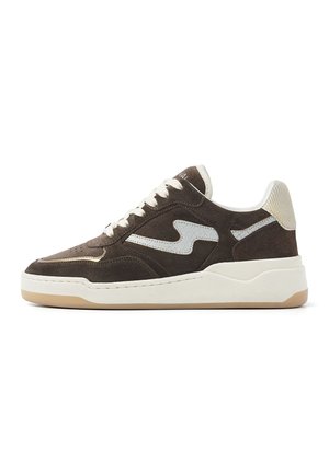 Dark brown suede sneaker with white laces, white sole, beige heel patch, and light gray wavy side design on a white background.