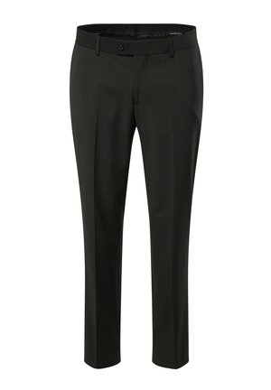 Men’s slim-fit black dress trousers with button and zip closure, belt loops, and front pockets, displayed on a white background.