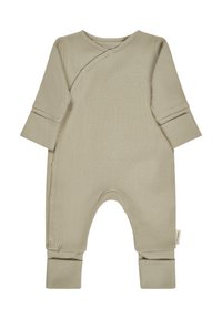 Beiger Babystrampler mit langen Ärmeln und Rippstruktur, mit Druckknöpfen an der Seite und umgeschlagenen Bündchen an Ärmeln und Beinen.