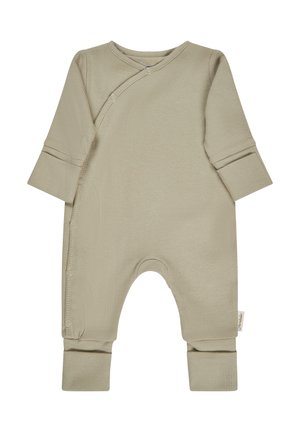 Long-sleeve beige ribbed baby romper with snap buttons along the side and cuffs folded over the sleeves and legs.
