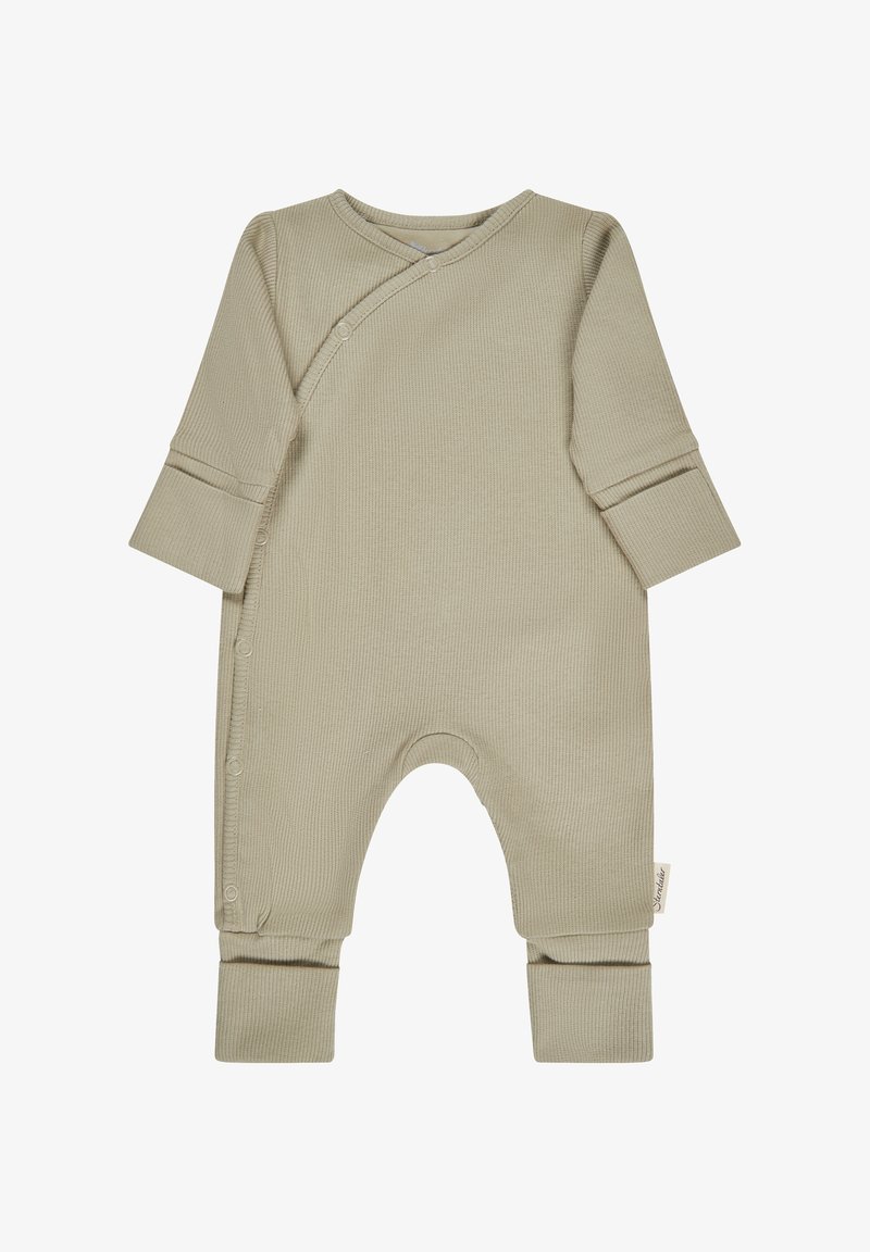 Beiger Babystrampler mit langen Ärmeln und Rippstruktur, mit Druckknöpfen an der Seite und umgeschlagenen Bündchen an Ärmeln und Beinen.
