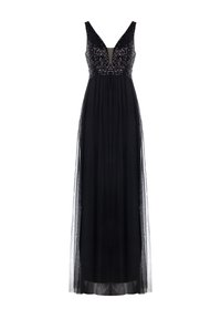 Schwarzes Abendkleid mit tiefem V-Ausschnitt, verziertem Oberteil und transparentem Überwurf. Verfügt über eine taillierte Taille und einen langen, fließenden Rock.