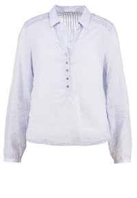 Chemise bleu clair à manches longues avec col, patte de boutonnage et tissu texturé. Comprend des poignets et un ourlet élastiqués pour une coupe décontractée.