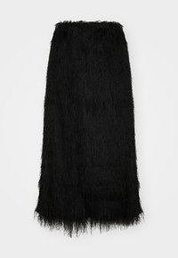 Black maxi skirt made of textured, long-haired fabric, featuring a straight cut and a raw edge at the hem.