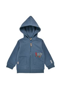 Kinder Hoodie aus blauem Baumwollstoff mit einem Frontreißverschluss, zwei vorderen Taschen und gesticktem Werkzeug-Motiv auf der linken Tasche. Verstellbare Kapuze.