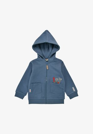 Children's blue cotton hoodie with a front zipper, two front pockets, and embroidered tools detail on the left pocket. Adjustable hood.