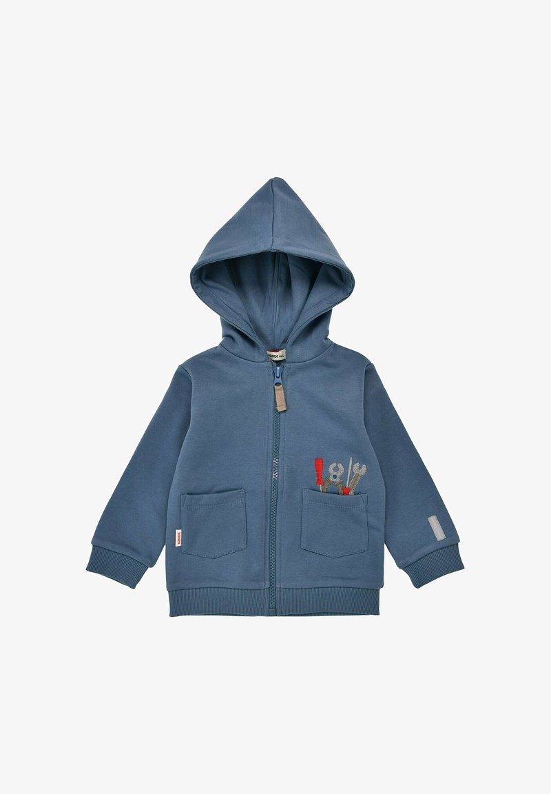Kinder Hoodie aus blauem Baumwollstoff mit einem Frontreißverschluss, zwei vorderen Taschen und gesticktem Werkzeug-Motiv auf der linken Tasche. Verstellbare Kapuze.