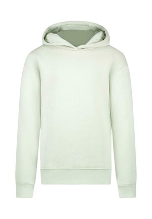 Lichtgroene hoodie gemaakt van zachte stof, met lange mouwen, ribgebreide boorden en een kangoeroe-pocket. Eenvoudig ontwerp zonder patronen.