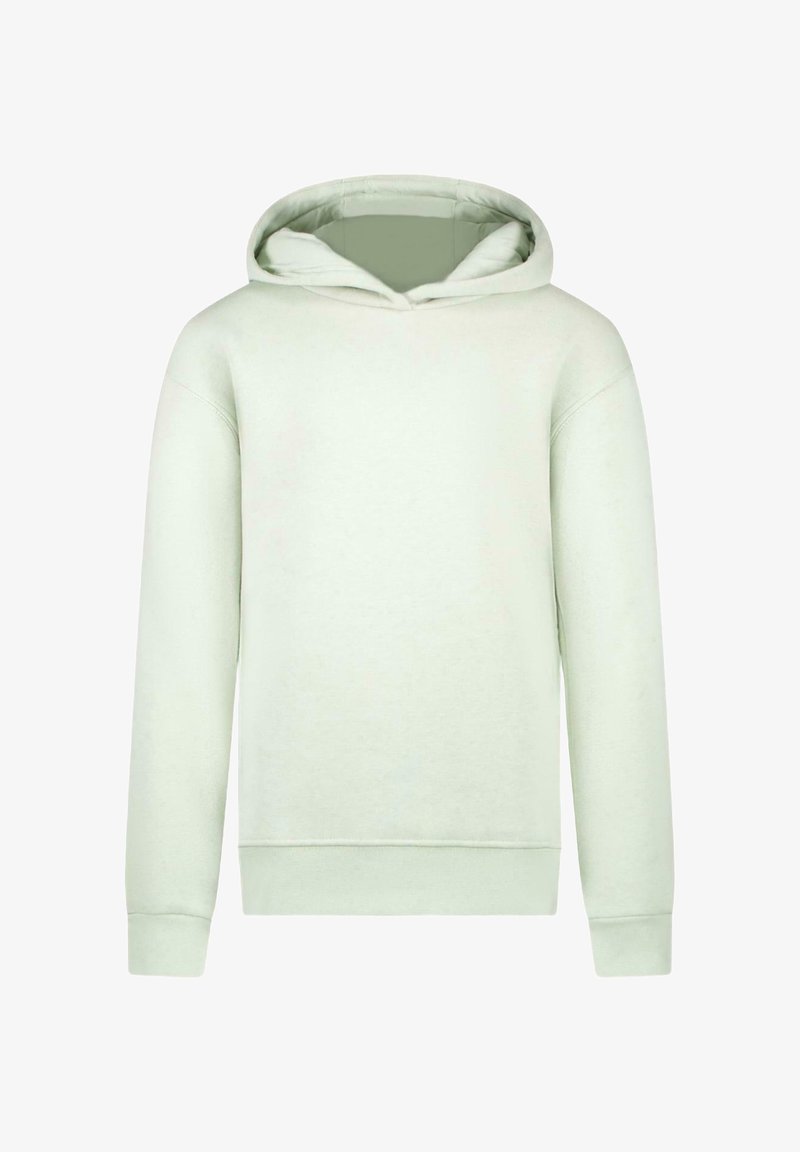 Lichtgroene hoodie gemaakt van zachte stof, met lange mouwen, ribgebreide boorden en een kangoeroe-pocket. Eenvoudig ontwerp zonder patronen.