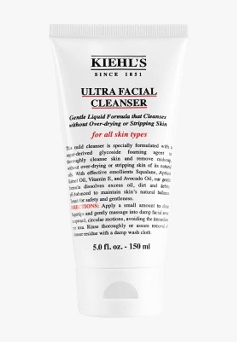Kiehl's Ultra Facial Cleanser i en hvit plasttube med rød og svart tekst, 150 ml størrelse, har et flip-top lokk og et minimalistisk design.