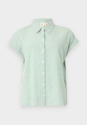 Roheline ja valge triibuline lühikeste varrukate särk, millel on krae, nööpidee eesotsas ja üles rullitud varrukad. Kanga välimus on kerge ja sileda tekstuuriga.