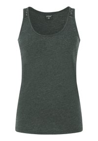 Dunkelgraues Tanktop aus weichem Stoff, mit einem runden Halsausschnitt und dekorativen Akzenten an der Schulter. Glatte Textur durchgehend.