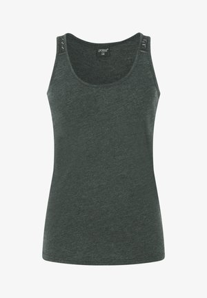 Tmavohnedý tielko vyrobené z mäkkej tkaniny, so zaobleným výstrihom a dekoratívnymi prvkami na pleci. Hladká textura po celom povrchu.