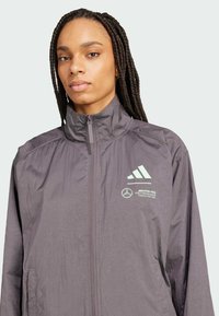 Grå, letvægtsjakke med høj krave, lynlås foran og sidelommer. Har grøn Adidas- og Mercedes-branding på brystet.