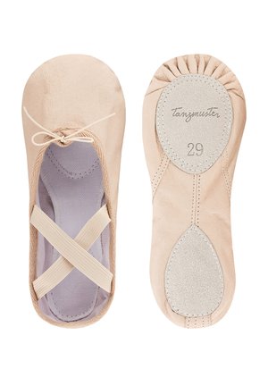 Ballet shoes in pale pink leather with a soft texture. Features cross-strap elastic and a round toe; sole labeled 'tanzmunster' size 29.