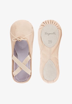 Ballettschuhe aus zartrosa Leder mit weicher Textur. Mit Kreuzbandelastik und runder Zehenpartie; Sohle mit Aufdruck 'tanzmunster' Größe 29.