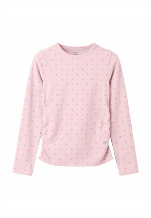 Chemise à manches longues rose clair avec petits motifs d'ancre rouges partout et col rond, conçue pour les enfants.