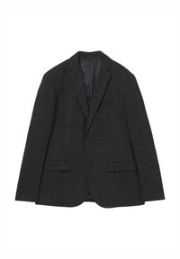 Blazer a quadri grigio scuro con due tasche frontali, revers a punta e chiusura a due bottoni; presenta un rivestimento interno liscio.