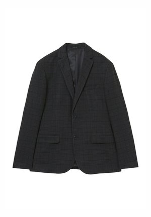 Blazer a quadri grigio scuro con due tasche frontali, revers a punta e chiusura a due bottoni; presenta un rivestimento interno liscio.