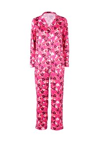 Completo pigiama floreale con motivi rosa, bianchi e viola scuro. Maglia a maniche lunghe con colletto a punta e pantaloni abbinati con polsini.